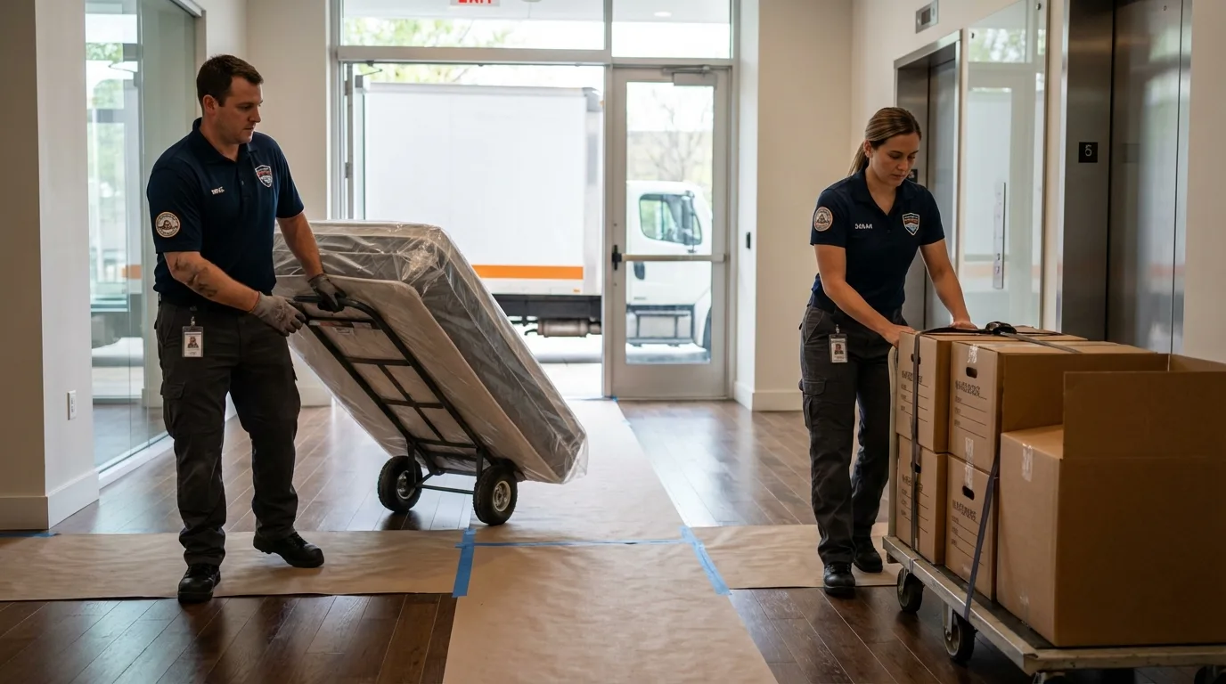 Professional apartment movers loading elevator in Dayton, TN